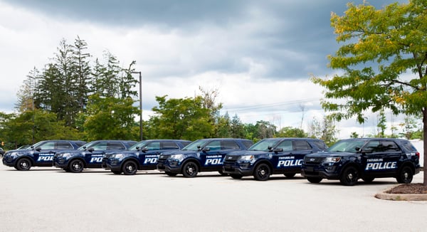 A squad of Twinsburg Police cruisers