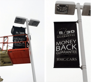 Wide-format graphic pole banner exterior